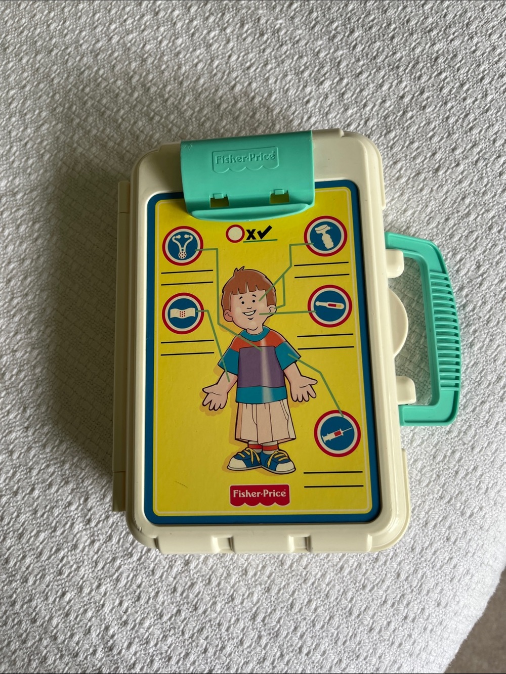 1997 Fisher-Price Cream Case with Teal Handle Kids Medical Storage Box